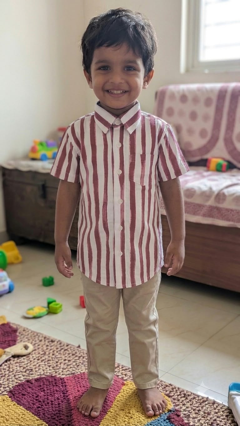 Boys Maroon & White Striped Cotton Shirt – Casual Half Sleeve Shirt
