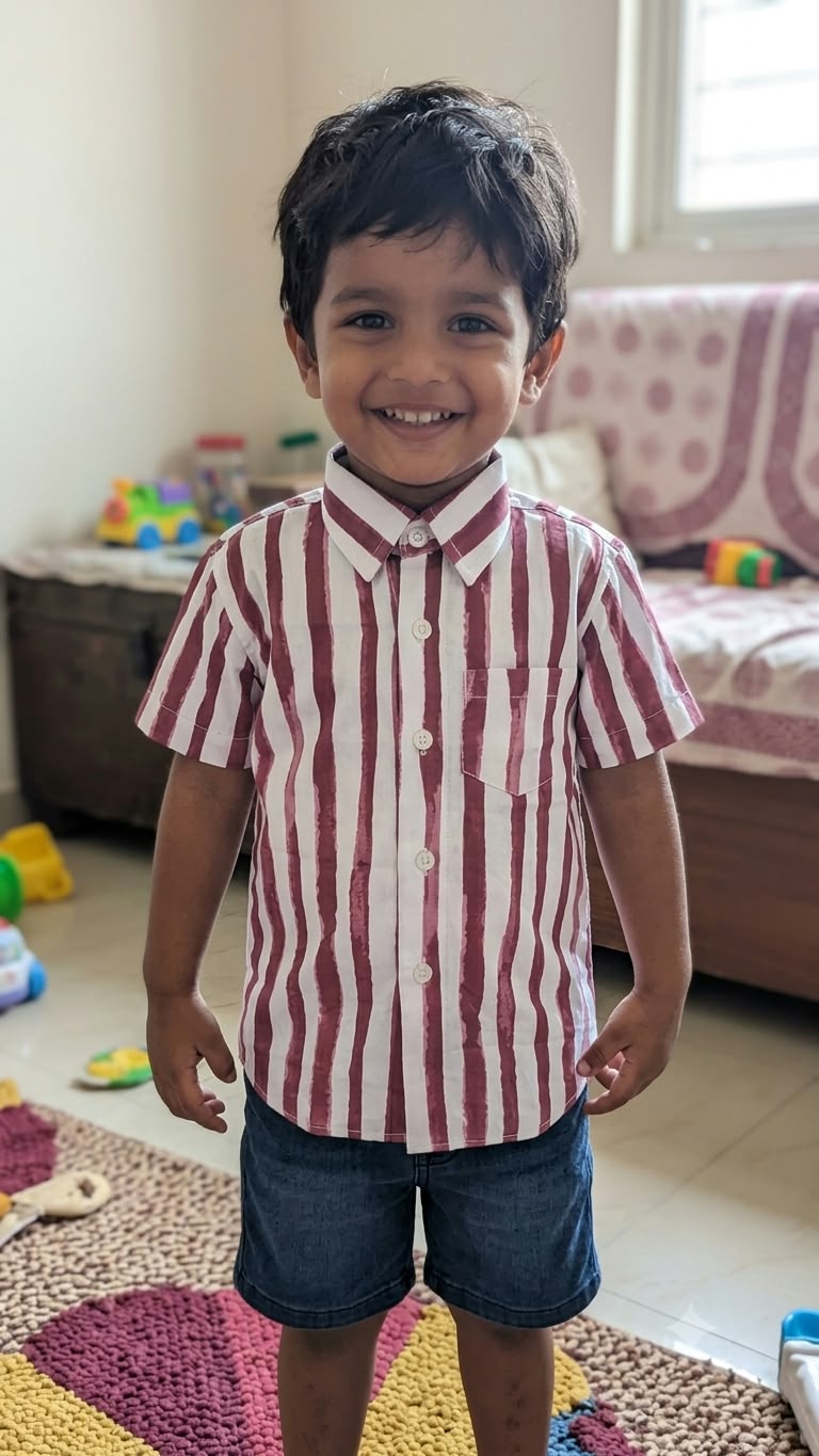 Boys Maroon & White Striped Cotton Shirt – Casual Half Sleeve Shirt