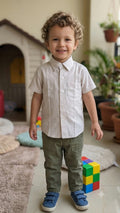 Boys Beige Striped Cotton Shirt – Casual Half Sleeve Shirt