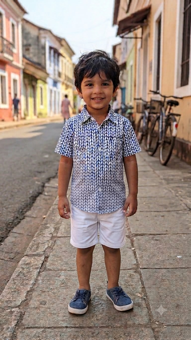 Boys Blue & White Chevron Print Cotton Shirt – Casual Half Sleeve Shirt