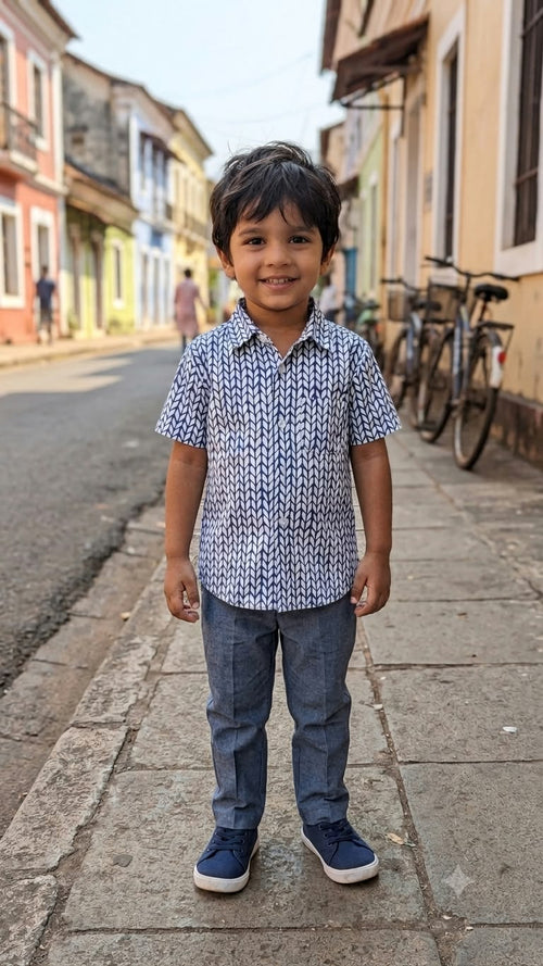 Boys Blue & White Chevron Print Cotton Shirt – Casual Half Sleeve Shirt
