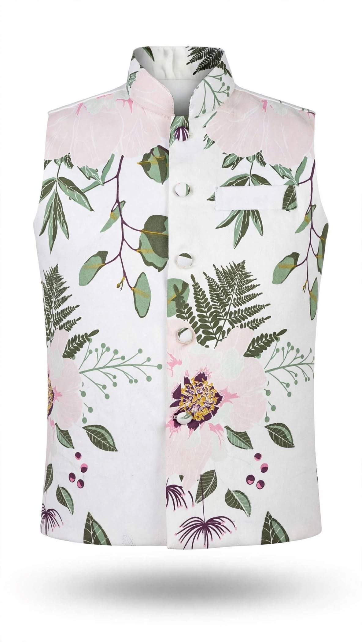 Men's White Floral Print Nehru Jacket – Pastel Botanical Ethnic Waistcoat