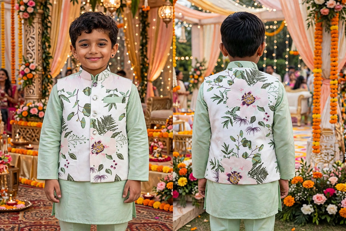 Men's White Floral Print Nehru Jacket – Pastel Botanical Ethnic Waistcoat
